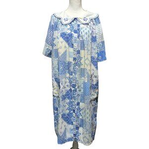 Vtg Smart Time Womens Sz XL Blue White Patchwork House Dress Floral Collar USA